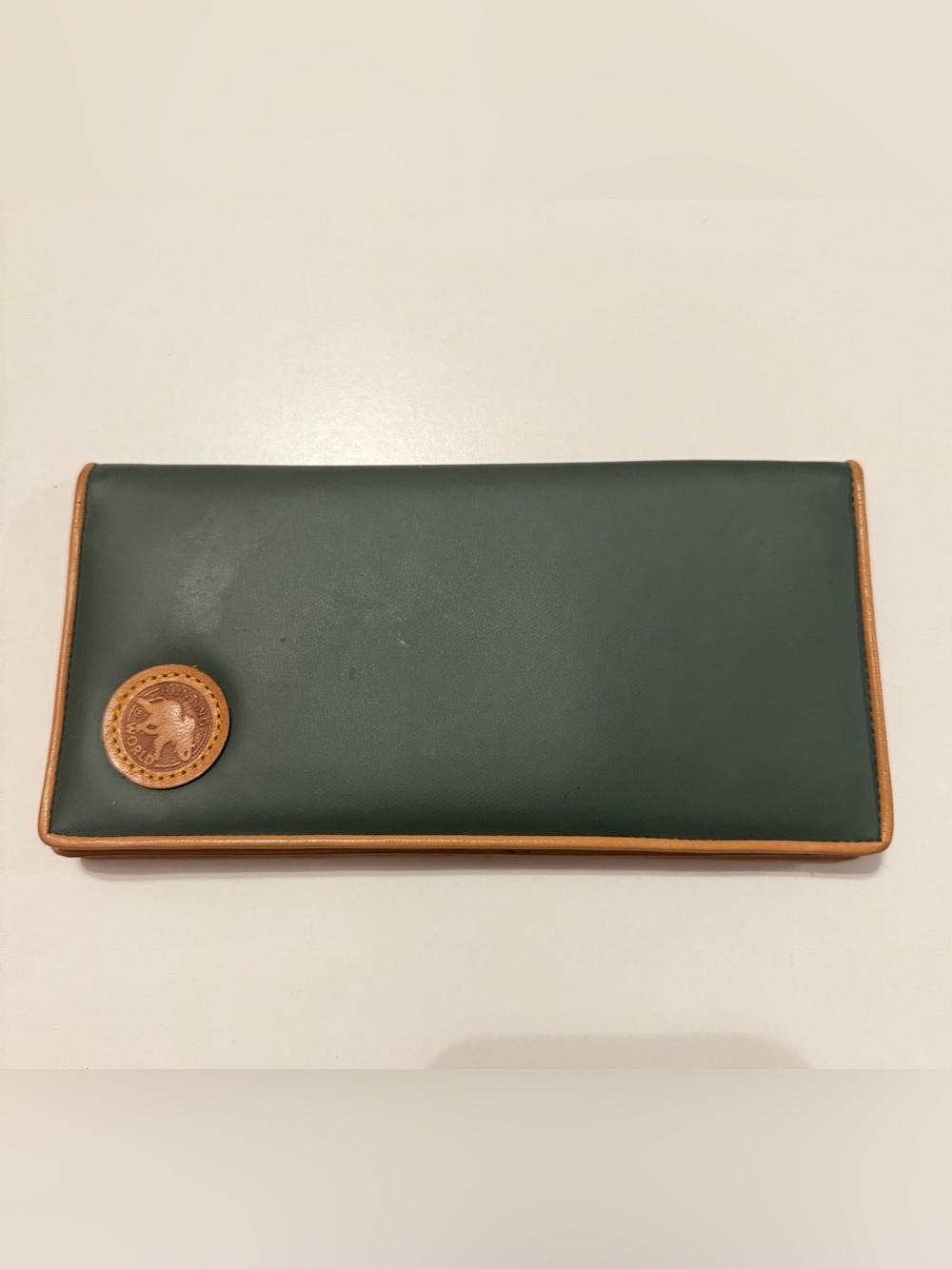 Vintage Hunting World Green Leather Long Wallet Checkbook Holder Made in Italy